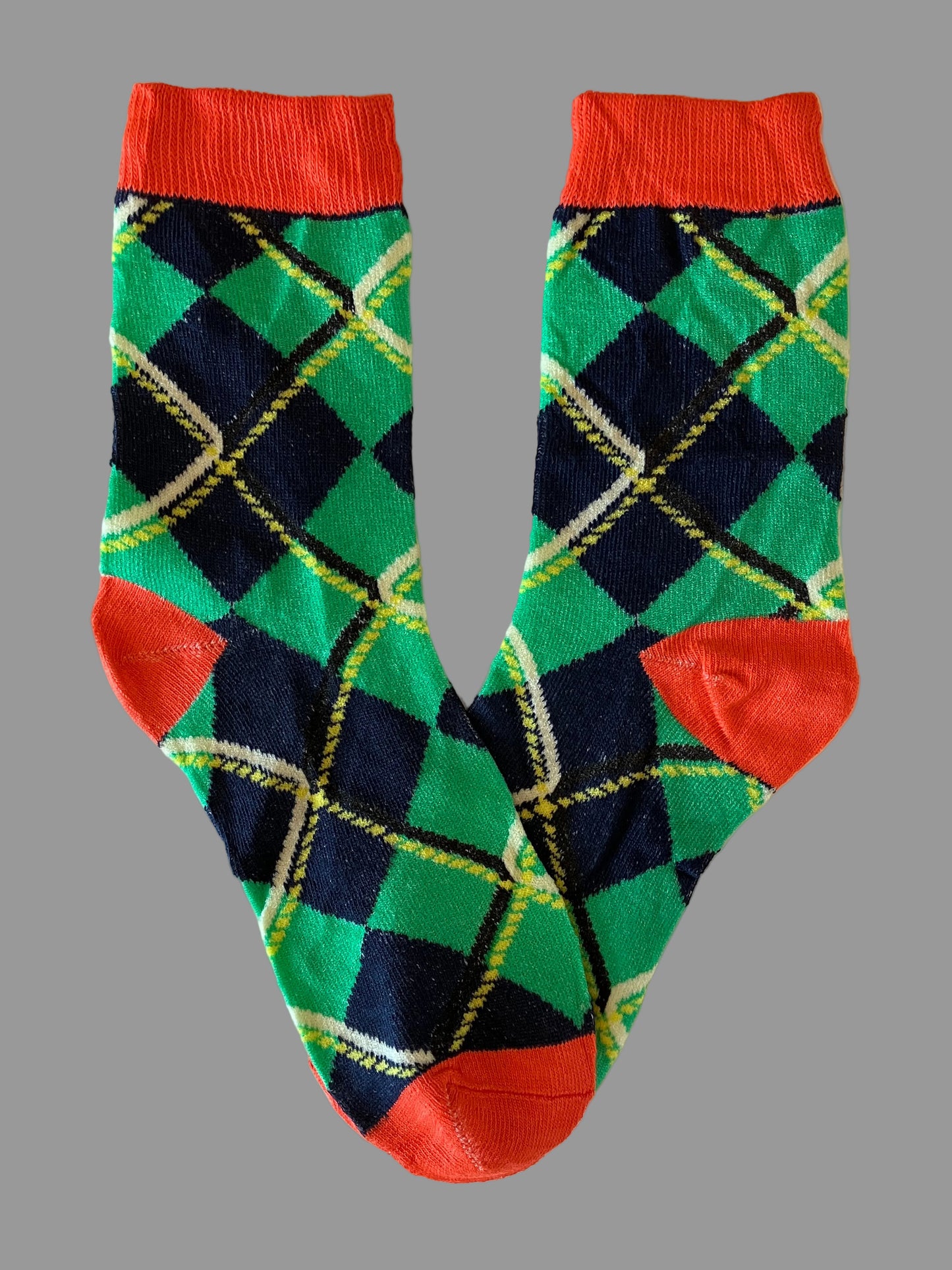 Men's Orange/Navy Blue/Green Diamonds Novelty Sock - Shoe Size 7-11
