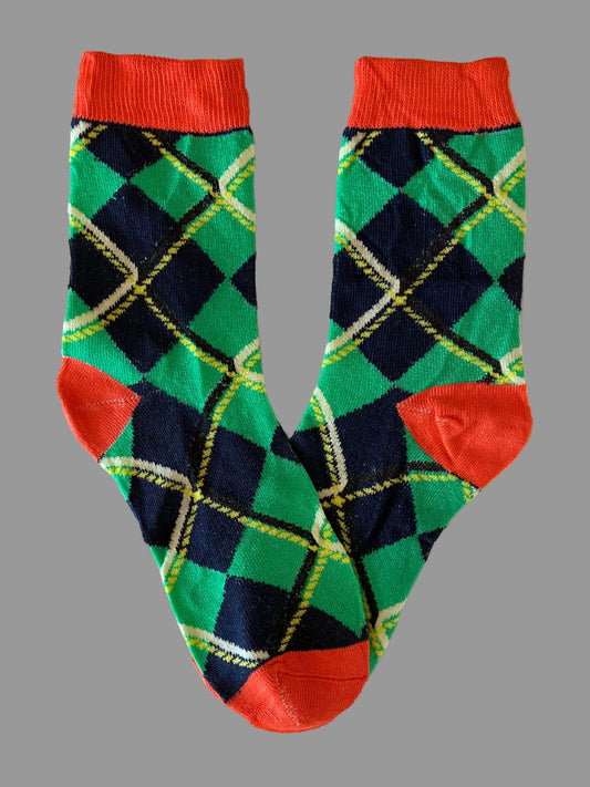 Men's Orange/Navy Blue/Green Diamonds Novelty Sock - Shoe Size 7-11