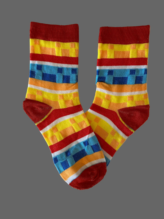 Men's Orange Pixelated Pattern Yellow/Orange/White/Blue Novelty Sock - Shoe Size 7-11