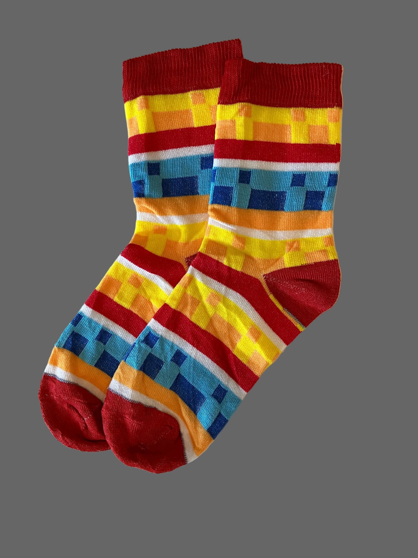 Men's Orange Pixelated Pattern Yellow/Orange/White/Blue Novelty Sock - Shoe Size 7-11