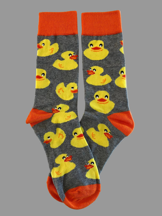 Unisex Gray & Orange Crew Socks with Yellow Duckies