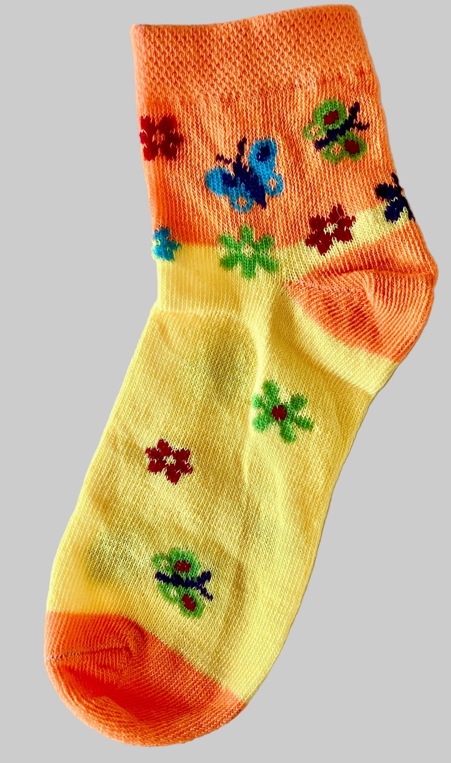 Girls' Butterfly Ankle Socks – Orange Yellow w/Blue & Green Butterflies
