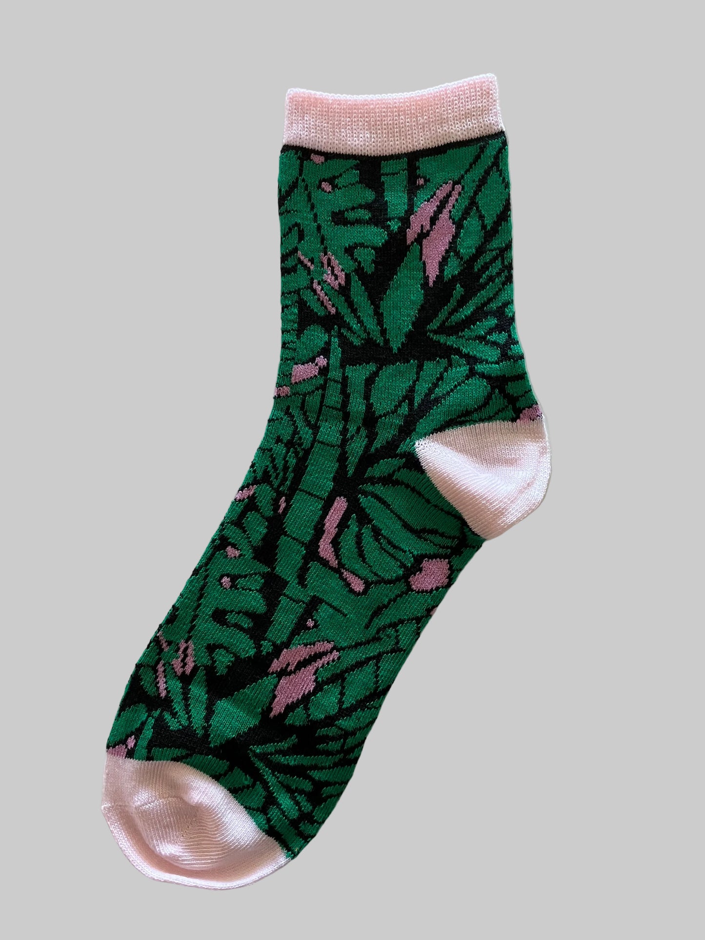 Women's Crew Socks Green Palms with Pink Accent