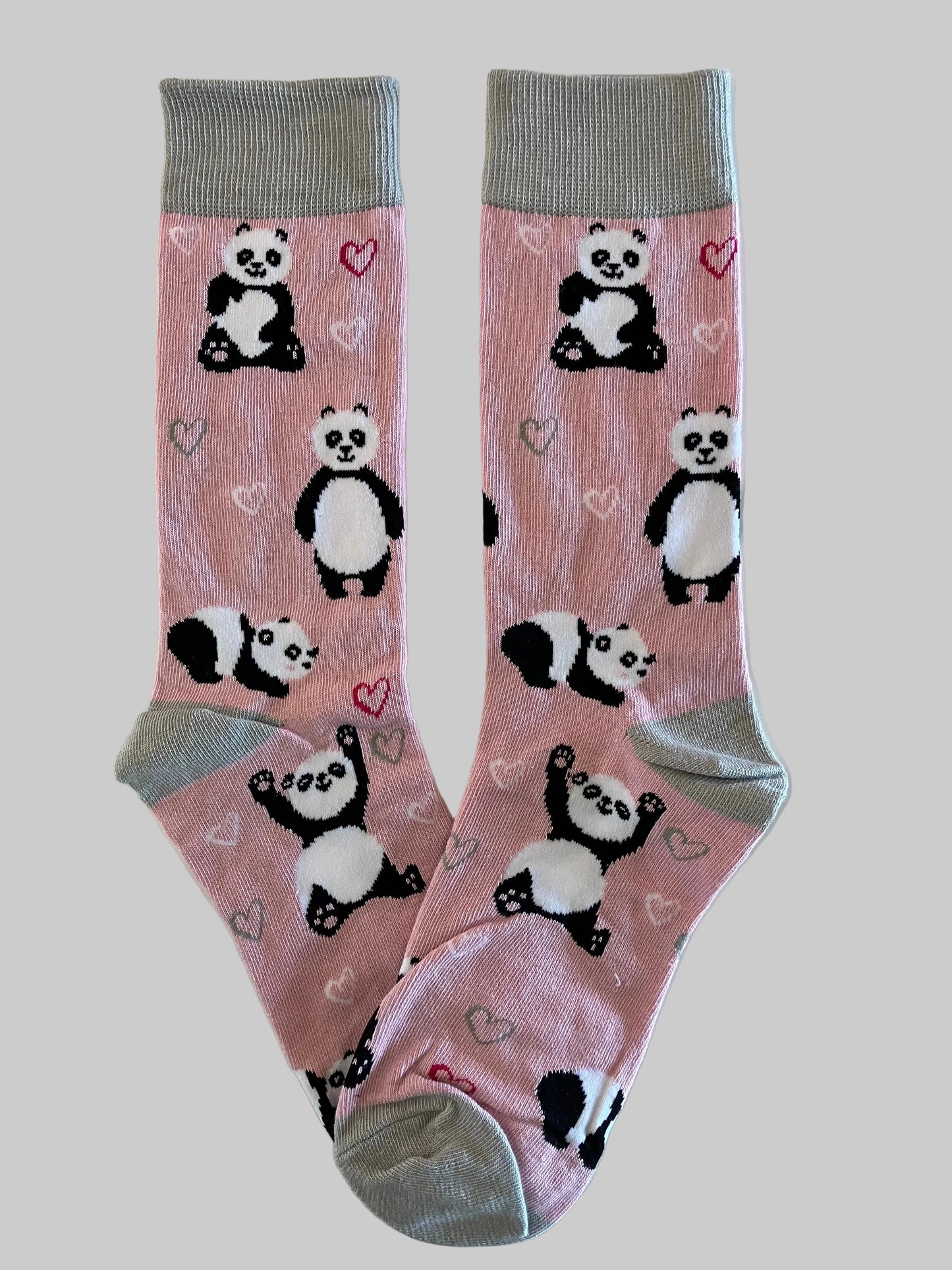 Women's Pink & Gray Panda Bear & Hearts Crew Socks