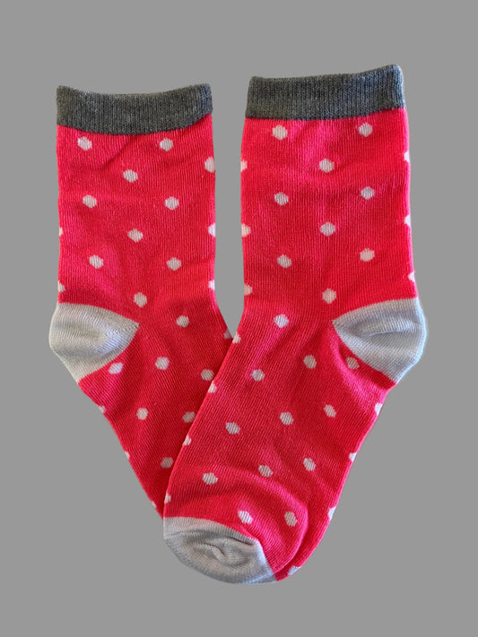 Kids Pink with White Polka Dots/Gray Trim  Cotton Crew Sock