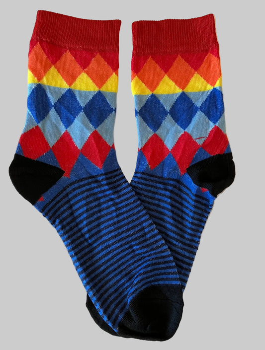 Men's Red/Orange/Yellow/Blue Diamonds with Striped Feet Novelty Sock - Shoe Size 7-11