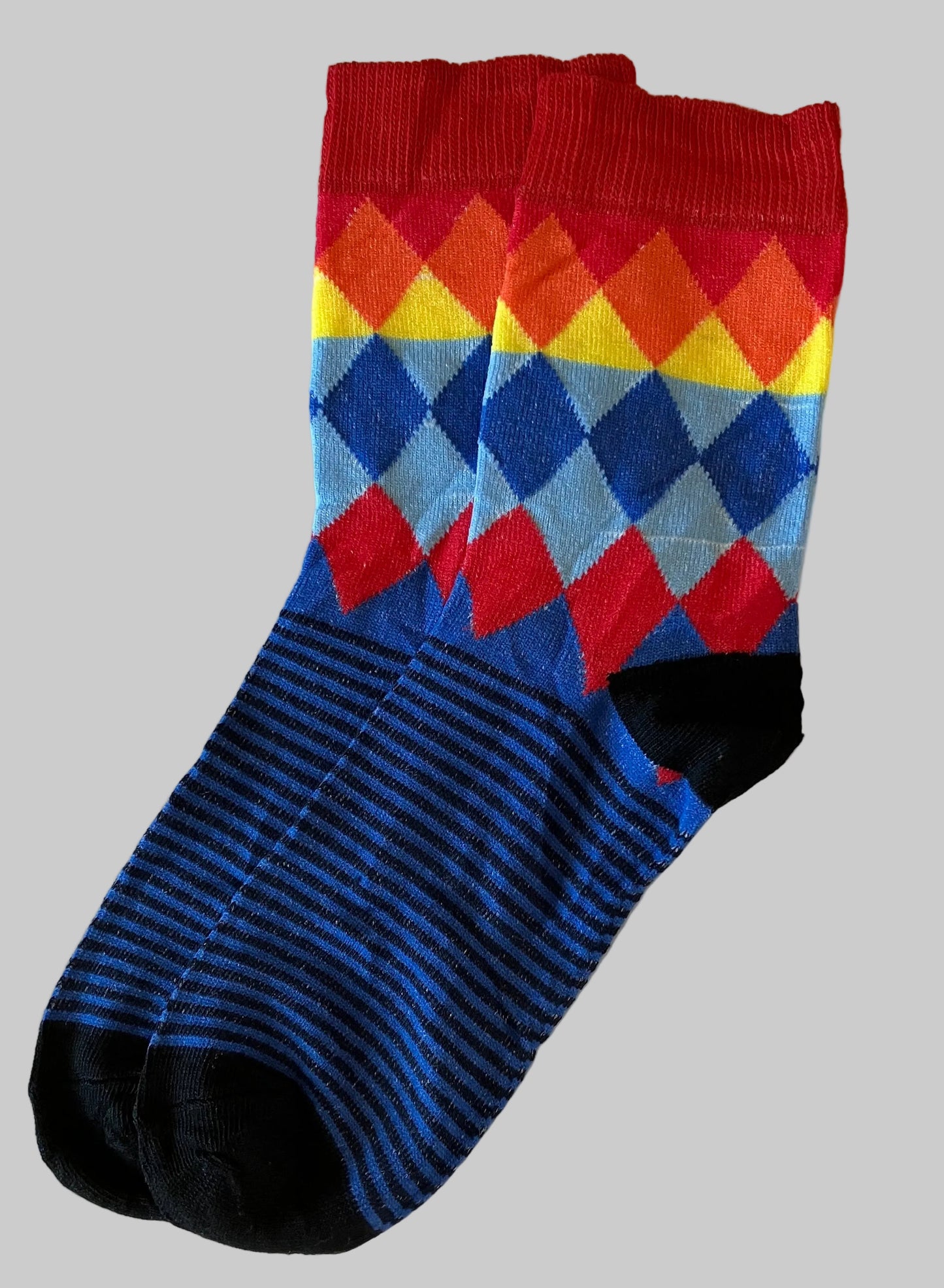 Men's Red/Orange/Yellow/Blue Diamonds with Striped Feet Novelty Sock - Shoe Size 7-11