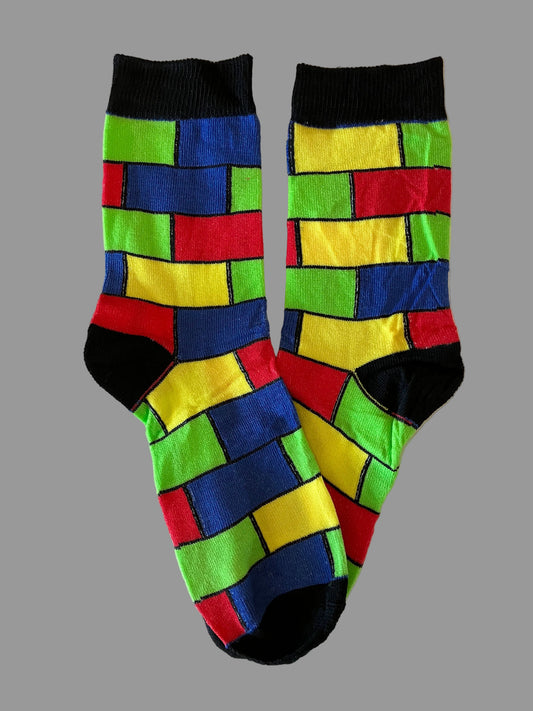 Men's Black Block Pattern Green/Blue/Yellow/Red Novelty Sock - Shoe Size 7-11