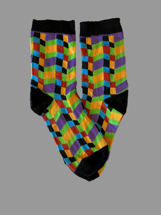 Men's Black/Yellow/Green/Purple/Blue/Brown Squares Novelty Sock - Shoe Size 7-11