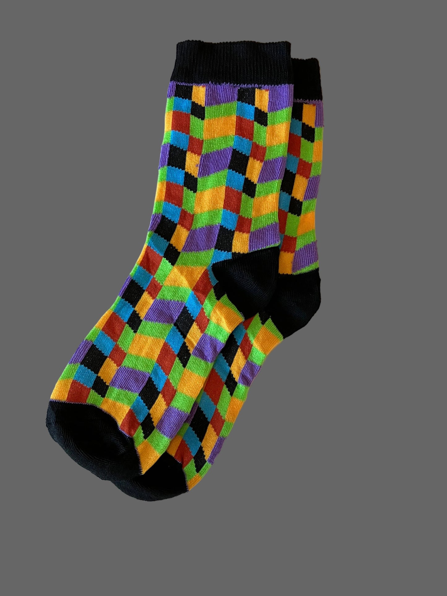 Men's Black/Yellow/Green/Purple/Blue/Brown Squares Novelty Sock - Shoe Size 7-11