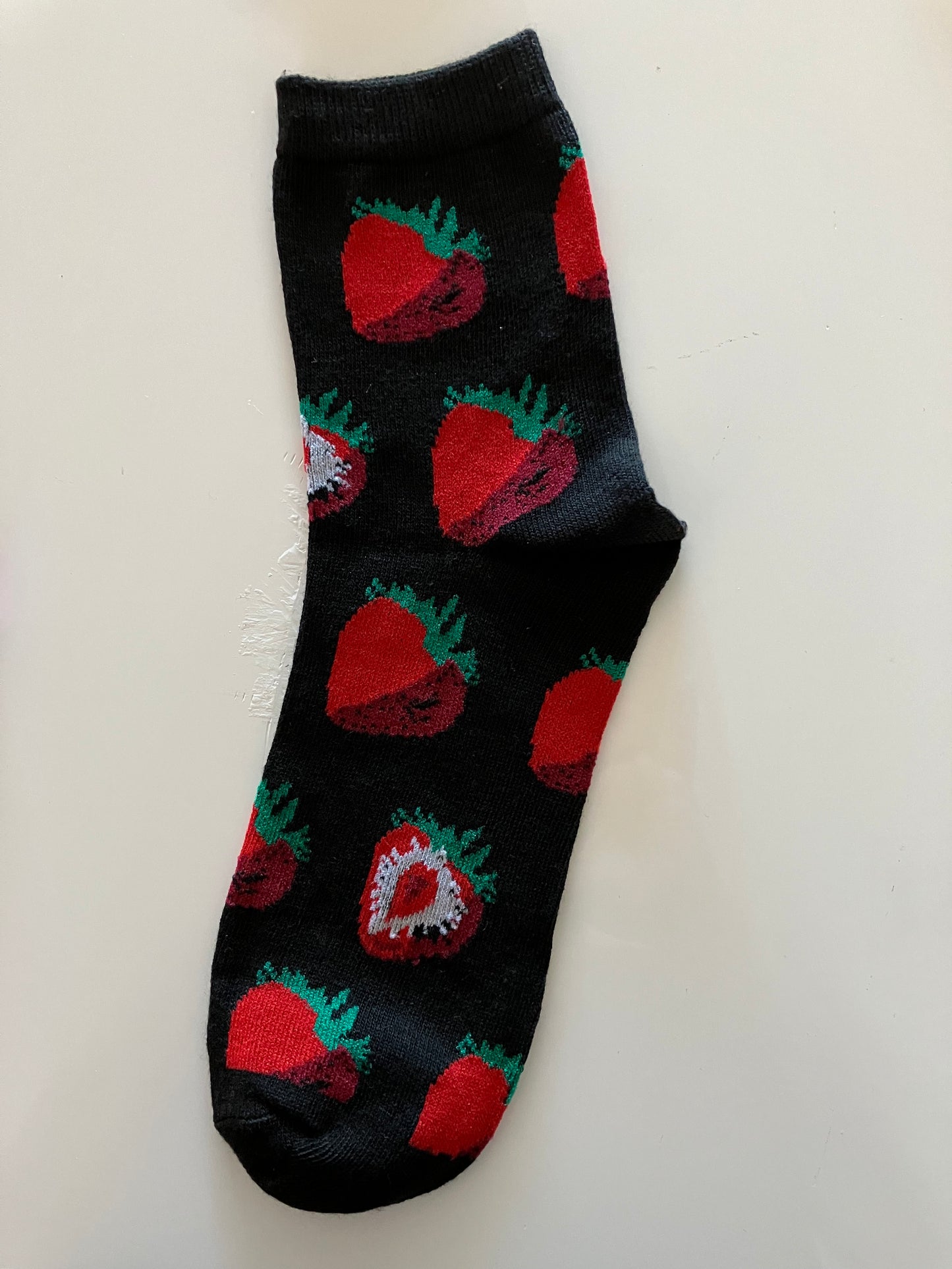 Women's Crew Socks Black with Red Strawberries