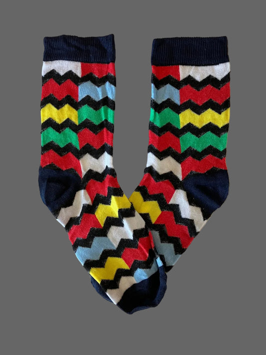 Men's Navy Blue/White/Red/Black/Light Blue/Green/Yellow Geometric Novelty Sock - Shoe Size 7-11