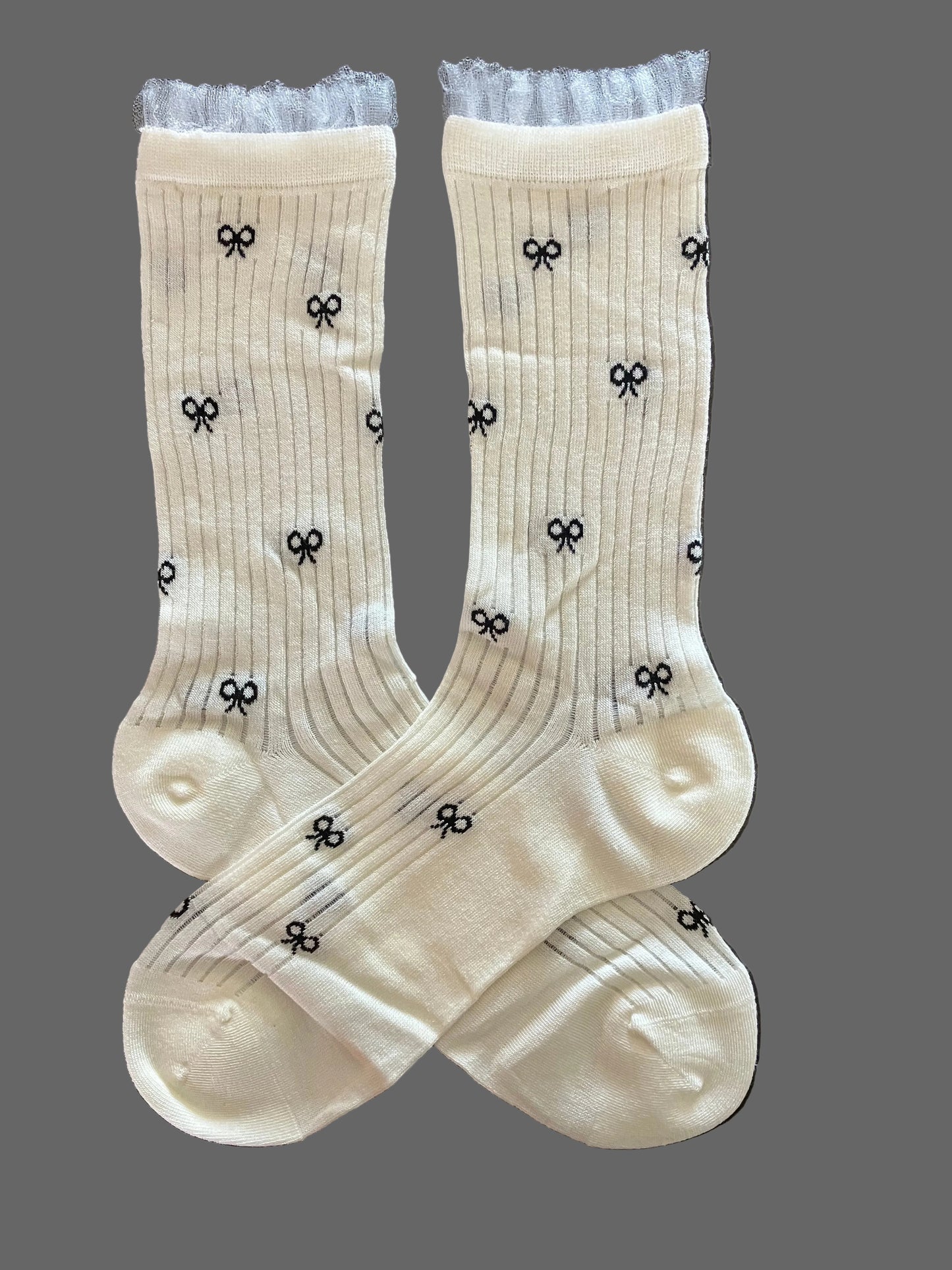 Women's Bamboo Mid-Calf Socks Lace Trim w/ Bow Tie - Cream - One Size