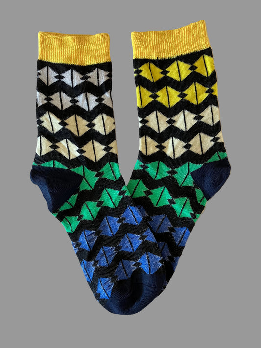 Men's Yellow/Black/Cream/Green/Blue Geometric Novelty Sock - Shoe Size 7-11